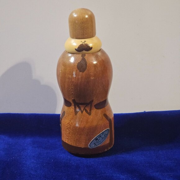 Vintage Japanese Wooden Kokeshi Toothpick Holder With Mustache Design - Picture 2 of 10